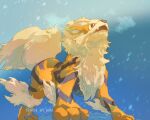  akira_(akira_art_poke) arcanine bright_pupils brown_eyes commentary_request fangs highres looking_up no_humans open_mouth outdoors pokemon pokemon_(creature) smile snowing solo standing watermark 