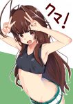  1girl ahoge alternate_costume breasts brown_eyes brown_hair commentary_request cowboy_shot crop_top crop_top_overhang double_v fang green_background highres huge_ahoge kantai_collection kuma_(kancolle) long_hair looking_at_viewer nassukun short_shorts shorts small_breasts solo two-tone_background v white_background white_shorts 