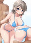  1boy 1girl ass ass_focus barefoot bikini bikini_bottom_aside blue_bikini blue_eyes blush breasts censored cleavage clothing_aside collarbone cowboy_shot grey_hair grin groin hand_on_own_ass head_out_of_frame hetero highres large_breasts love_live! love_live!_sunshine!! mosaic_censoring multiple_views navel one_eye_closed penis pussy salute sex sex_from_behind short_hair skindentation smile standing standing_on_one_leg standing_sex swimsuit tenpa_(tenpa2190) thighs thong_bikini watanabe_you 