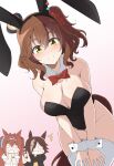  3girls animal_ears aston_machan_(umamusume) bare_shoulders black_leotard blush bow bowtie breasts brown_hair cleavage commentary_request cowboy_shot crown daiwa_scarlet_(umamusume) detached_collar green_eyes hair_between_eyes horse_ears horse_girl large_breasts leotard multicolored_hair multiple_girls nel-c pink_background red_bow red_bowtie red_hair simple_background smile strapless strapless_leotard streaked_hair thighhighs tilted_headwear umamusume vodka_(umamusume) white_hair white_thighhighs wrist_cuffs 