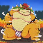 2023 anthro asian_clothing belly big_belly bowser buncofats clothing east_asian_clothing fundoshi hi_res japanese_clothing koopa male mario_bros moobs nintendo outside overweight overweight_male scalie solo underwear