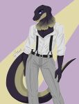 absurd_res agamid anthro beastars belt blue_eyes clothed clothing discord_(app) dress_pants dress_shirt exposed_chest facial_piercing frill_(anatomy) frilled_lizard frilled_neck girly hi_res lip_piercing lip_ring lizard looking_at_viewer male markings neck_frill open_clothing open_shirt open_topwear patreon piercing purple_body purple_scales reptile ring_piercing scales scalie shirt simple_background solo suspenders telegram text topwear url yellow_body yellow_markings yellow_scales zer0rebel4
