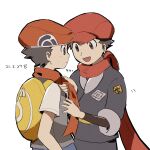  2boys :d adjusting_neckwear backpack bag closed_mouth commentary_request dated grey_jacket grey_pants hat highres jacket lucas_(pokemon) male_focus multiple_boys open_mouth pants petoke pokemon pokemon_(game) pokemon_dppt pokemon_legends:_arceus rei_(pokemon) scarf short_hair short_sleeves simple_background smile time_paradox undershirt white_background yellow_bag zipper_pull_tab 