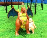 2023 3d_(artwork) anthro balls blender_(software) blender_eevee charizard charmander claws digital_media_(artwork) duo erection fire flaccid flaming_tail forest game_freak generation_1_pokemon genitals goeybowser grass legendary_pokemon lizard looking_at_genitalia looking_at_penis male nintendo nipples penis pink_nipples plant pokemon pokemon_(species) reptile river scalie size_difference tail tree wings yellow_penis