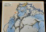  1boy aqua_skin bara beard bulge chest_tuft chinese_zodiac colored_pencil_(medium) cup dated dragon_boy dragon_horns facial_hair fat full_beard furry furry_male heart highres horns huge_eyebrows kano_(kano_to10) large_pectorals licking_lips long_hair long_mustache male_focus mature_male multicolored_hair nude pectorals photo_(medium) qinglong_(housamo) sakazuki shikishi solo thick_beard tokyo_afterschool_summoners tongue tongue_out traditional_media two-tone_beard two-tone_hair upper_body wet year_of_the_dragon 