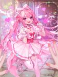  1girl arm_garter bow breasts character_request cleavage collarbone copyright_notice dress gloves grey_footwear hair_bow hair_ornament heart heart-shaped_gem heart_hair_ornament high_heels holding holding_microphone long_hair microphone natsuiro_xx official_art open_mouth pink_corset pink_eyes pink_gemstone pink_hair pink_nails sparkle teikoku_senki thighhighs two-tone_dress white_bow white_dress white_gloves white_thighhighs 