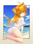  1girl ahoge animal_ear_fluff animal_ears araki_(qbthgry) ass bare_shoulders barefoot beach blue_eyes casual_one-piece_swimsuit cat_ears cat_girl cat_tail cloud feet from_behind highres legs long_hair looking_at_viewer looking_back ocean one-piece_swimsuit orange_hair original sky solo strapless strapless_one-piece_swimsuit swimsuit tail thighs toes white_one-piece_swimsuit 