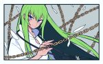  1other androgynous blue_eyes chain enkidu_(fate) fate/strange_fake fate_(series) feathers green_hair hacco_mayu highres long_hair long_sleeves looking_at_viewer robe smile solo very_long_hair white_robe 