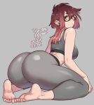  1girl :/ agawa_ryou artist_name ass ass_focus bare_arms bare_shoulders barefoot breasts closed_mouth commentary_request dated english_commentary feet glasses gradient_hair green_eyes grey_background grey_pants grey_sports_bra hair_between_eyes huge_ass large_breasts long_hair looking_at_viewer multicolored_hair original pants pink_hair red-framed_eyewear red_hair short_eyebrows simple_background soles solo sports_bra thick_eyebrows toenails toes turning_head yoga_pants 
