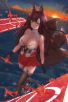  1girl aircraft akagi_(azur_lane) animal_ear_fluff animal_ears azur_lane bare_shoulders black_gloves black_legwear breasts brown_hair brown_tail cleavage cleavage_cutout clothing_cutout cloud flight_deck full_body gloves highres kitsune large_breasts long_hair looking_at_viewer magic metal_belt miniskirt multiple_tails outdoors red_eyes red_skirt skirt solo sunrise tail thighhighs walking walking_on_liquid wuyi_p zettai_ryouiki 