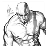  1boy abs bald facial_hair from_above frown goatee god_of_war greyscale kratos large_pectorals male_focus mature_male monochrome muscular muscular_male nipples pectorals scar scar_across_eye serious short_hair sideburns solo stomach topless_male unfinished yi_lee 
