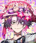  1boy bird cake_hat candle chick colored_inner_hair earrings food fruit gloves hair_over_eyes happy_birthday jewelry looking_at_viewer male_focus miyukiyo multicolored_hair multiple_earrings necklace nijisanji outline pink_background purple_hair red_gloves shirt smile solo star-shaped_eyewear strawberry sunglasses twitter_username upper_body virtual_youtuber watarai_hibari white_shirt yellow_eyes 