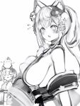  2girls :i absurdres animal_ear_fluff animal_ears bare_shoulders blush breast_envy breasts dog_ears dog_girl fang flower fuwawa_abyssgard fuwawa_abyssgard_(new_year) greyscale hair_flower hair_ornament highres hololive hololive_english japanese_clothes jitome kimono large_breasts long_hair looking_at_another looking_at_viewer mococo_abyssgard mococo_abyssgard_(new_year) monochrome multiple_girls nanashi_(nlo) perroccino_(fuwamoco) ponytail sash siblings sideboob sisters solo_focus triangle_mouth upper_body 