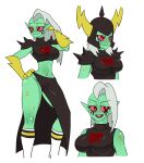 2019 alien alien_humanoid armor big_breasts bottomwear breasts clothed clothing disney eyebrows female fingers footwear gloves green_body green_skin hair hand_on_hip hand_on_own_hip handwear headgear helmet humanoid humanoid_pointy_ears long_hair lonlon lord_dominator midriff navel noseless not_furry open_mouth pink_sclera red_eyes shoes simple_background sleeveless small_waist socks solo standing teeth wander_over_yonder white_background wide_hips