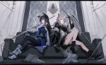  2girls animal_ears arknights arm_up black_cape black_footwear black_gloves black_hair black_jacket black_pantyhose black_skirt blue_cape blue_gloves blue_necktie blue_shorts blue_vest boots cape closed_mouth commentary_request couch crossed_legs fingerless_gloves full_body gloves grey_eyes grey_hair grin highres holding holding_sword holding_weapon jacket knee_up kumatangent lappland_(arknights) lappland_(refined_horrormare)_(arknights) long_hair long_sleeves looking_at_viewer multiple_girls necktie official_alternate_costume open_clothes open_jacket orange_eyes oripathy_lesion_(arknights) pantyhose shorts sitting skirt smile sword texas_(arknights) texas_the_omertosa_(arknights) torn_clothes torn_pantyhose two-sided_cape two-sided_fabric vest weapon white_footwear wolf_ears wolf_girl 