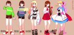  2others 4girls androgynous animal blonde_hair blue_dress blue_eyes blue_shirt braid brown_hair cat chara_(undertale) closed_eyes collared_shirt crossover dahyun1825 dress ellen_(majo_no_ie) flower frisk_(undertale) green_shirt gun hair_ribbon highres holding holding_animal holding_cat holding_flower holding_gun holding_knife holding_weapon ib ib_(ib) jacket knife long_skirt majo_no_ie miniskirt multiple_girls multiple_others open_clothes open_jacket rachel_gardner red_dress red_eyes ribbon satsuriku_no_tenshi shirt short_hair short_shorts shorts skirt striped striped_shirt twin_braids undertale viola_(majo_no_ie) weapon white_jacket 