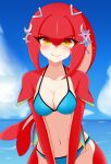  1girl ayatori_(aytr) bikini blue_bikini blue_sky blush breasts cleavage closed_mouth cloud collarbone colored_skin commentary_request cowboy_shot day fish_girl highres horizon looking_at_viewer medium_breasts mipha monster_girl navel ocean red_skin sky smile solo stomach swimsuit the_legend_of_zelda the_legend_of_zelda:_breath_of_the_wild water yellow_eyes zora 