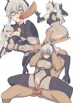  1boy 1girl absurdres aghoby ass ass_grab bodysuit breasts doggystyle elbow_gloves english_commentary glasses gloves grey_hair hair_between_eyes hetero highres horns indie_virtual_youtuber navel nipples one_eye_closed open_mouth penis penis_on_face ponytail pussy red_eyes saruei_(vtuber) scar scar_across_eye see-through simple_background spread_legs testicles tongue torn_clothes vaginal veins veiny_penis virtual_youtuber white_background 