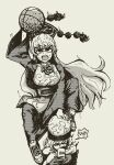  2girls ball basketball_(object) commentary cup dress english_commentary greyscale hat hayoibu hecatia_lapislazuli highres holding holding_cup junko_(touhou) long_hair monochrome mug multiple_girls open_mouth shoes sneakers speech_bubble touhou 
