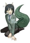  1boy 2024 absurdres black_footwear black_hair black_pants blue_necktie blush bob_cut chinese_zodiac dragon_horns dragon_tail embarrassed fate_(series) furrowed_brow green_scales green_sweater highres horns kemonomimi_mode looking_at_viewer medium_hair necktie new_year open_mouth pants seiza sitting solo suit sweater tail tokoni_fusu waver_velvet white_background year_of_the_dragon 
