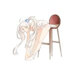  1girl ahoge bare_arms bent_over blue_flower breasts earrings elf er_(user_yhzm5478) flower frieren full_body green_eyes grey_hair hair_flower hair_ornament highres jewelry leotard long_hair looking_at_viewer no_shoes parted_bangs pointy_ears simple_background sitting socks sousou_no_frieren stool stretching twintails white_background white_leotard white_socks 