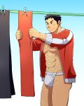  1boy abs bara bare_pectorals bulge ei_(marutendon) feet_out_of_frame fundoshi hanging jacket japanese_clothes large_pectorals long_sideburns male_focus male_underwear muscular muscular_male navel nipples original pants pants_removed pectorals red_jacket red_pants short_hair sideburns smile solo stomach thick_thighs thighs track_jacket underwear white_male_underwear 