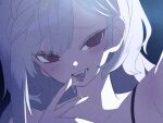  122pxsheol 1girl blondie_(happy_saint_sheol) blush bra_strap close-up fang finger_to_tongue game_cg happy_saint_sheol long_hair looking_at_viewer night non-web_source official_art open_mouth red_eyes saliva_on_hand smile tongue tongue_out tsurime white_hair 