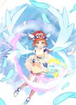  1girl absurdres arle_nadja belt blush dress falling_feathers feathers headpiece highres holding holding_wand long_hair magic open_mouth orange_hair ponytail puyopuyo short_sleeves shorts_under_dress solo sorami wand winged_footwear wings yellow_eyes 