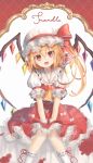  1girl :d ascot blonde_hair blood bow character_name collared_shirt crystal embellished_costume fangs feet_out_of_frame flandre_scarlet frilled_ascot frilled_sleeves frilled_socks frills hair_between_eyes hat hat_bow head_tilt highres knees_together_feet_apart lace-trimmed_sleeves lace_trim long_hair medium_skirt meisa mob_cap open_mouth picture_frame puffy_short_sleeves puffy_sleeves red_bow red_eyes red_skirt red_vest ribbon-trimmed_legwear ribbon_trim shade shirt shirt_tucked_in short_sleeves side_ponytail signature sitting skirt skirt_set smile socks solo straight-on touhou v_arms vest white_background white_bow white_headwear white_shirt white_socks wings wrist_cuffs yellow_ascot 