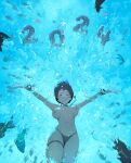  1girl 2024 bangle bikini bikini_bottom_only bracelet breasts brown_hair bubble closed_eyes fish highres jewelry large_breasts necklace new_year nipples original outstretched_arms rou_(rou22) short_hair solo swimsuit thigh_strap topless underwater 
