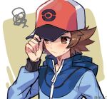 1boy baseball_cap blue_jacket blush brown_eyes brown_hair closed_mouth commentary eyelashes frown hand_on_headwear hand_up hat hilbert_(pokemon) jacket long_sleeves male_focus orange_headwear pokemon pokemon_(game) pokemon_bw short_hair solo squiggle sweatdrop symbol-only_commentary tpi_ri twitter_username upper_body zipper_pull_tab 
