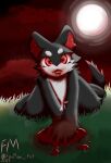 ambiguous_gender anthro black_body black_ears black_fur black_tail blood blood_from_mouth blood_in_mouth blood_moon blood_on_arm blood_on_face blood_on_finger blood_on_floor blood_on_fur blood_on_ground blood_on_hand bodily_fluids canid canine chest_tuft claws fangs foxmaw_art fur gore grass grey_body grey_fur hi_res looking_at_viewer mammal moon neck_tuft open_mouth outside plant red_background red_body red_eyes red_fur red_nose red_tail_tip red_tail_tuft simple_background solo tail teeth tuft