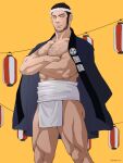  1boy abs alternate_costume bara bare_pectorals beard black_hair buzz_cut chest_hair crossed_arms facial_hair feet_out_of_frame festival golden_kamuy hachimaki happi headband japanese_clothes kaniharu lantern large_pectorals loincloth long_sideburns looking_at_viewer male_focus mature_male midriff_sarashi muscular muscular_male navel_hair pectorals pelvic_curtain sarashi short_hair sideburns smile solo tanigaki_genjirou thick_eyebrows thick_thighs thighs very_short_hair 