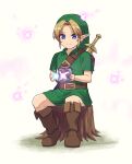  1boy belt blonde_hair blue_eyes boots brown_footwear commentary_request fairy green_tunic highres holding holding_jar jar link navi pointy_ears shinae short_hair simple_background sitting sitting_on_tree_stump solo sword sword_on_back the_legend_of_zelda the_legend_of_zelda:_ocarina_of_time tree_stump weapon weapon_on_back white_background young_link 