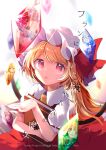  1girl apron artist_name ascot bangs black_ascot black_choker blonde_hair blue_hair blue_shirt blurry blurry_background book bow choker closed_mouth collar collared_dress cover cover_page crystal doujin_cover dress eyebrows_visible_through_hair flandre_scarlet gem glasses hair_between_eyes hand_up hat hat_ribbon highres jewelry light long_hair long_sleeves looking_at_viewer looking_up mob_cap morichika_rinnosuke motoori_kosuzu multicolored_wings one_side_up open_mouth orange_hair patchouli_knowledge pink_dress pink_eyes pink_headwear pink_sleeves plaid plaid_dress puffy_short_sleeves puffy_sleeves purple_hair red_ascot red_bow red_dress red_eyes red_nails red_ribbon remilia_scarlet ribbon risui_(suzu_rks) shadow shirt short_hair short_sleeves short_twintails silver_hair smile solo touhou twintails white_background white_headwear white_sleeves wings yellow_apron yellow_ascot yellow_dress yellow_eyes 