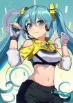  1girl :3 aqua_eyes aqua_hair bare_shoulders breasts clenched_hands closed_mouth clothing_cutout commentary cowboy_shot eighth_note fingerless_gloves fitness_boxing gloves gradient_background gradient_hair hair_between_eyes hands_up hatsune_miku headset highres kamille_(vcx68) long_hair looking_at_viewer medium_breasts midriff multicolored_hair musical_note navel official_alternate_costume pants quarter_note revision shoulder_cutout shrug_(clothing) smile solo sports_bra stomach twintails very_long_hair vocaloid 