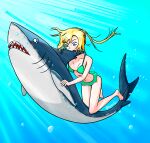 1girl air_bubble bikini biting blonde_hair blue_eyes bubble highres nyanskii ocean shark side_ponytail swimming swimsuit underwater 