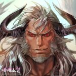  1boy abs adam&#039;s_apple bara beard character_request check_copyright copyright_request demon_horns facial_hair full_beard grey_hair horns male_focus mature_male medium_hair official_art portrait red_eyes smirk solo stomach straight-on tekken thick_beard v-shaped_eyebrows yi_lee 