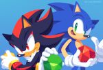  2boys artist_name black_fur blue_background blue_fur chaos_emerald furry furry_male gem gloves gold_bracelet green_eyes green_gemstone hedgehog hedgehog_boy hedgehog_ears highres holding multiple_boys open_mouth red_eyes red_fur red_gemstone shadow_the_hedgehog siggiedraws simple_background sonic_(series) sonic_the_hedgehog two-tone_fur white_gloves yellow_gemstone 