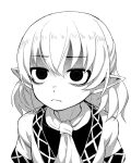  1girl ascot closed_mouth fkey glaring greyscale highres looking_at_viewer medium_hair mizuhashi_parsee monochrome pointy_ears sanpaku shaded_face simple_background solo touhou upper_body white_background 