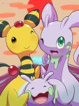  absurdres ampharos animal_focus artist_name brown_background brown_eyes closed_eyes closed_mouth colored_skin commentary_request forehead_jewel goodra goomy green_eyes highres nanahoshi_(wadorigi) no_humans one_eye_closed open_mouth pokemon pokemon_(creature) purple_skin red_sun slime_(substance) smile tail twitter_username yellow_skin 