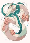  chilfa_112 closed_eyes closed_mouth commentary dragon eastern_dragon from_above full_body haku_(sen_to_chihiro_no_kamikakushi) highres leg_up lying no_humans on_back sen_to_chihiro_no_kamikakushi simple_background sparkle tail tail_wrap twitter_username watermark white_background 