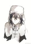  1boy black_coat black_hair bungou_stray_dogs chinese_commentary coat collared_shirt commentary_request cui_(jidanhaidaitang) fur-trimmed_coat fur_hat fur_trim fyodor_dostoyevsky_(bungou_stray_dogs) hair_between_eyes hat high_collar highres looking_ahead male_focus medium_hair open_clothes open_coat open_mouth red_eyes shirt simple_background smile solo teeth upper_body ushanka watermark weibo_logo weibo_username white_background white_shirt 