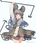  1girl animal animal_ear_fluff animal_ears arm_up basket brown_dress capelet dress grey_capelet grey_hair holding kuromiya looking_at_viewer mouse mouse_ears mouse_girl mouse_tail nazrin one-hour_drawing_challenge parted_lips red_eyes shirt simple_background sleeveless sleeveless_dress solo tail touhou twitter_username white_background white_shirt 