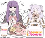  2girls black_robe capelet chair coffee coffee_cup cup dangle_earrings disposable_cup doughnut dress drop_earrings dunkin&#039;_donuts earrings eating elf fern_(sousou_no_frieren) food frieren grey_hair holding_doughnut jewelry light_blush long_hair multiple_girls plate pointy_ears purple_eyes purple_hair robe sitting sousou_no_frieren twintails white_capelet white_dress yunayuispink 