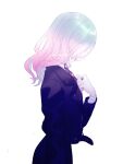  1girl black_jacket black_skirt blue_hair cerejeira_elron fate/grand_order fate_(series) from_side gradient_hair highres ichikawahonzen jacket jewelry long_hair multicolored_hair necktie pink_hair profile ring simple_background skirt solo upper_body white_background 