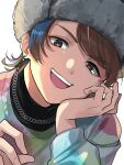  1boy akune_rindo blue_hair brown_eyes brown_hair chain_necklace earrings fur_hat hand_on_own_cheek hand_on_own_face hat highres hypnosis_mic hypnosis_mic:_rule_the_stage jewelry kishinaito long_sleeves looking_at_viewer male_focus multicolored_hair necklace open_mouth short_hair solo tie-dye upper_body v-shaped_eyebrows 