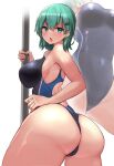  1girl alternate_hair_length alternate_hairstyle angry aqua_eyes ass back bangs black_swimsuit breasts commentary_request competition_swimsuit covered_navel eyebrows_visible_through_hair green_hair hair_between_eyes hair_ornament hairclip highres kantai_collection kihou_no_gotoku_dmc large_breasts looking_at_viewer medium_hair multiple_views one-piece_swimsuit open_mouth pole sideboob simple_background suzuya_(kancolle) swimsuit teeth thick_thighs thighs twisted_torso upper_teeth v-shaped_eyebrows white_background 