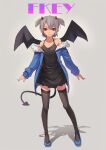  1girl artist_name bare_shoulders black_dress black_legwear blue_footwear blue_jacket breasts cleavage demon_girl demon_horns demon_tail demon_wings dress earrings fkey full_body grey_background grey_hair horns jacket jewelry looking_at_viewer open_clothes open_jacket original parted_lips red_eyes shoes short_dress short_hair simple_background solo spaghetti_strap spread_wings standing tail thighhighs two_side_up wings 
