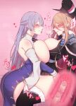  2girls absurdres azur_lane bismarck_(azur_lane) bismarck_(coat_of_arms) black_footwear black_headwear black_jacket boots breast_press breasts cape censored cleavage clothed_sex commentary_request dress fur-trimmed_cape fur_trim futa_with_female futanari hair_between_eyes hat heart highres huge_breasts jacket light_purple_hair long_hair mosaic_censoring multiple_girls open_mouth orange_hair peaked_cap penis pink_background purple_dress purple_eyes rikuguma rodney_(azur_lane) sex standing standing_sex symmetrical_docking thigh_boots thighhighs vaginal x-ray 